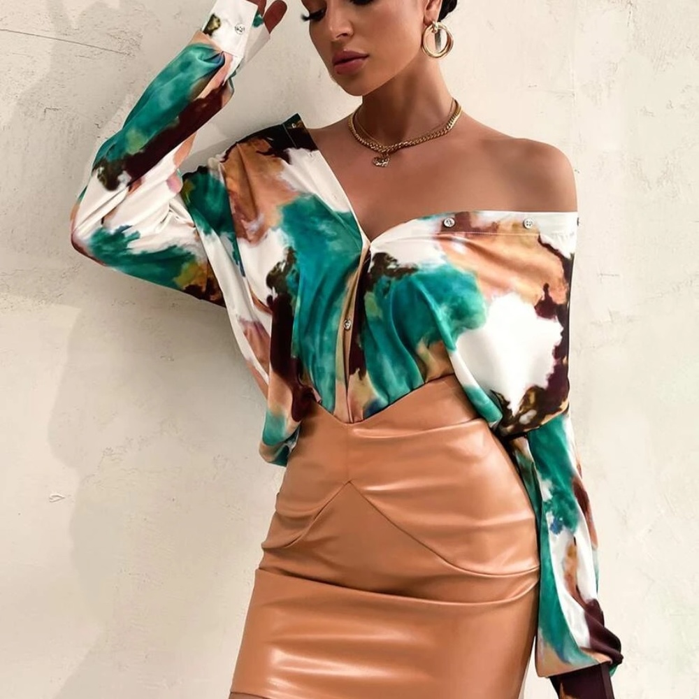 Boho Tie Dye Button Up Work Office Satin Top - Picture 2 of 6